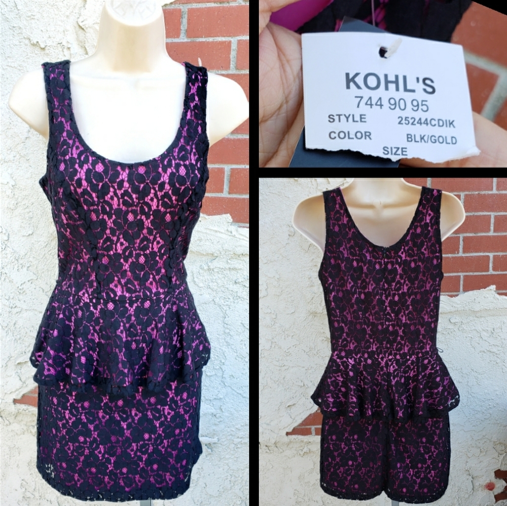 Juniors KOHL'S black pink lace peplum dress SMALL